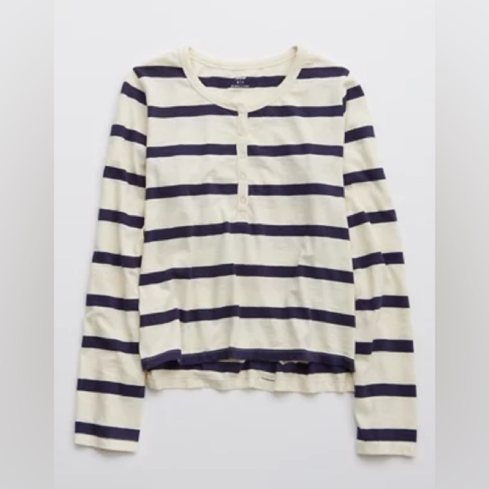Aerie Long Sleeve Striped Cropped Henley T-Shirt, Blue/White Stripes L